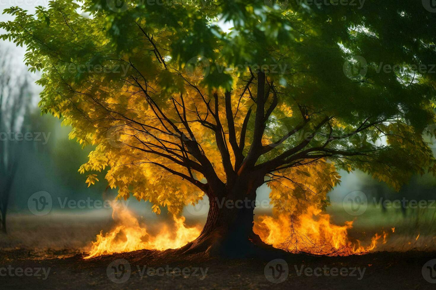 a tree with flames coming out of it. AI-Generated photo
