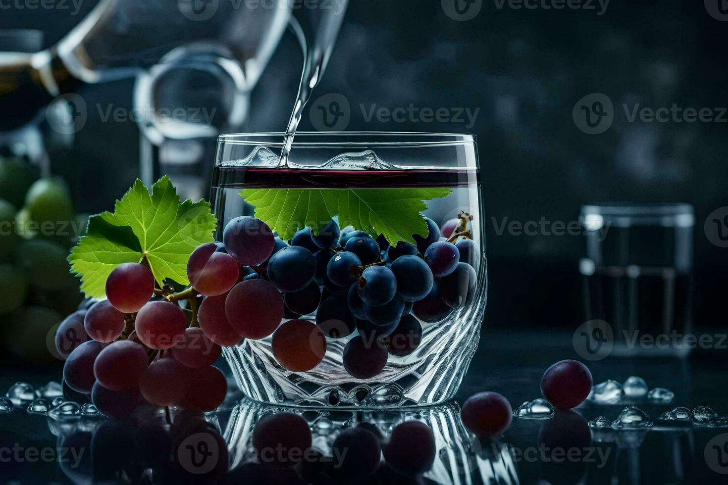 a glass of wine with grapes and a bottle of champagne. AI-Generated photo