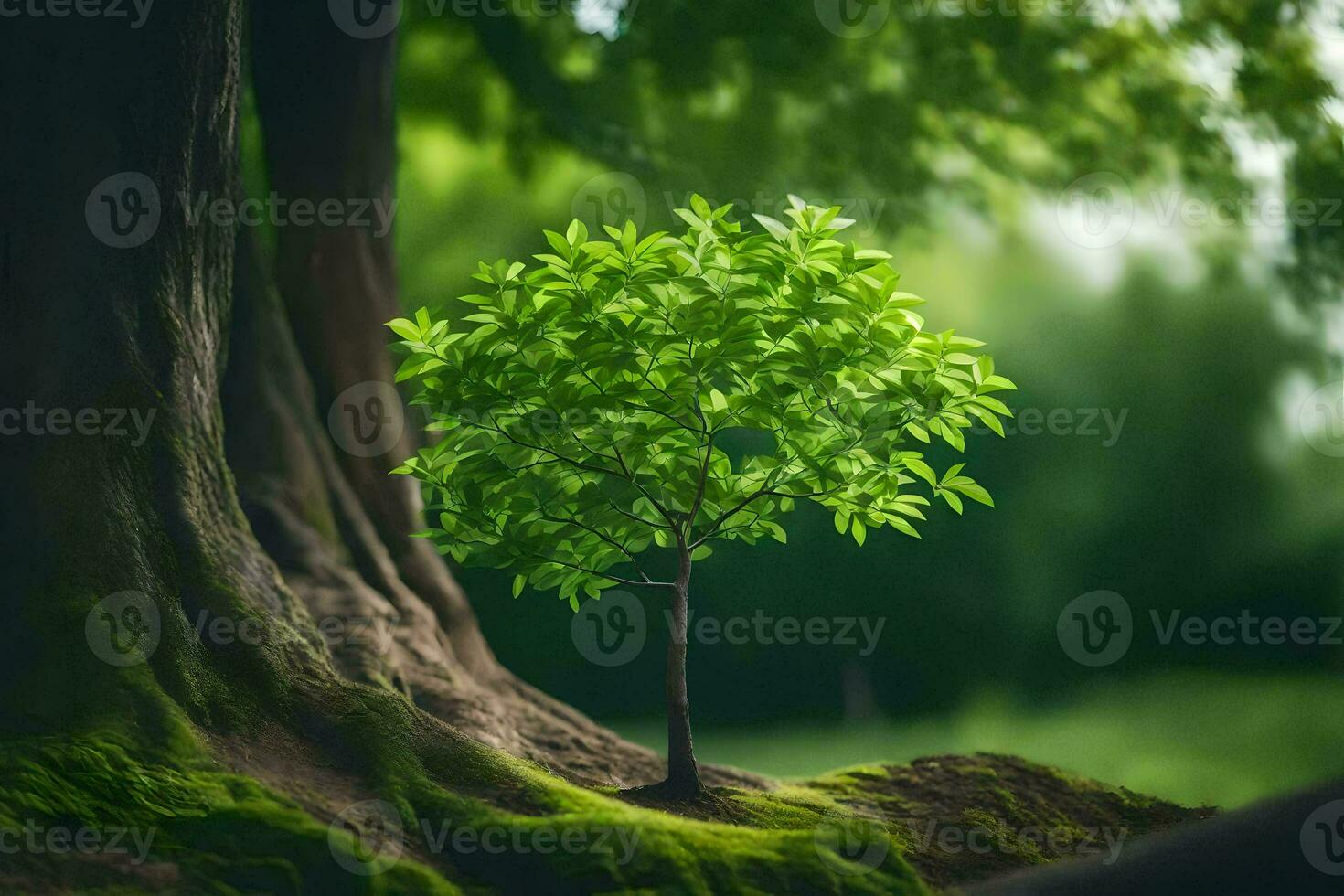 un pequeño árbol creciente en el medio de un bosque. generado por ai foto