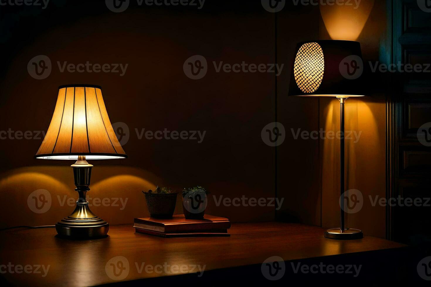 a lamp and a book on a table in the dark. AI-Generated photo