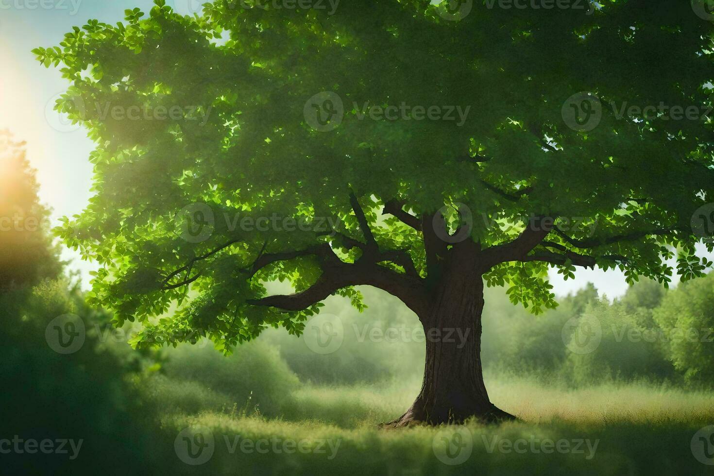 photo wallpaper the sky, trees, grass, sun, tree, green, tree, forest,. AI-Generated