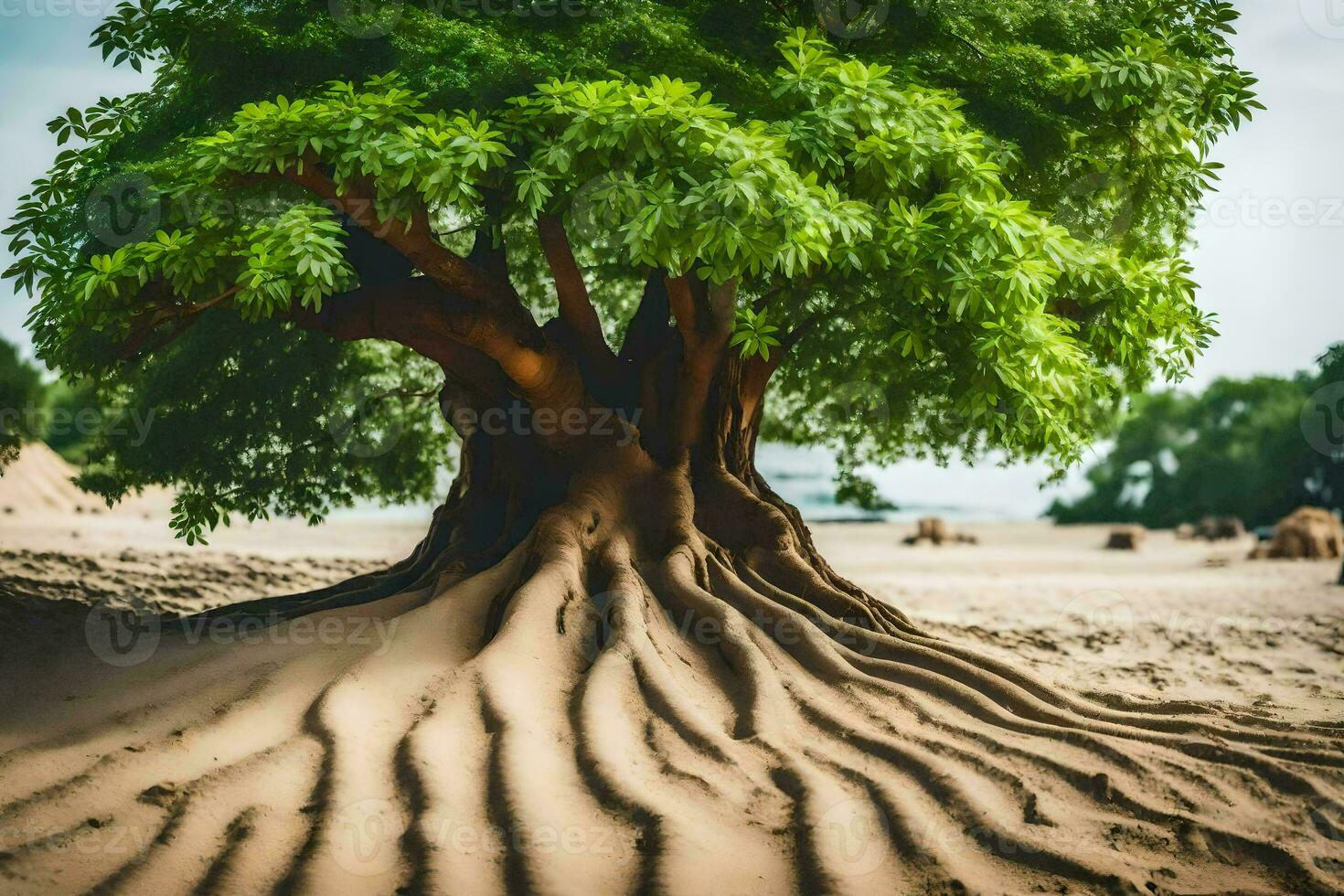 a tree with roots growing out of the sand. AI-Generated photo