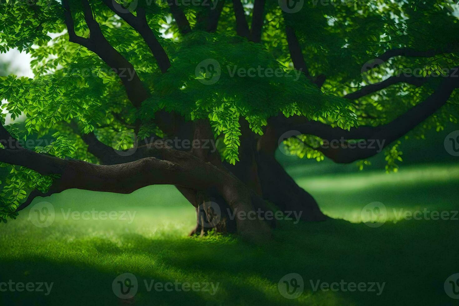 photo wallpaper the tree, grass, grass, green, tree, tree, green, tree,. AI-Generated