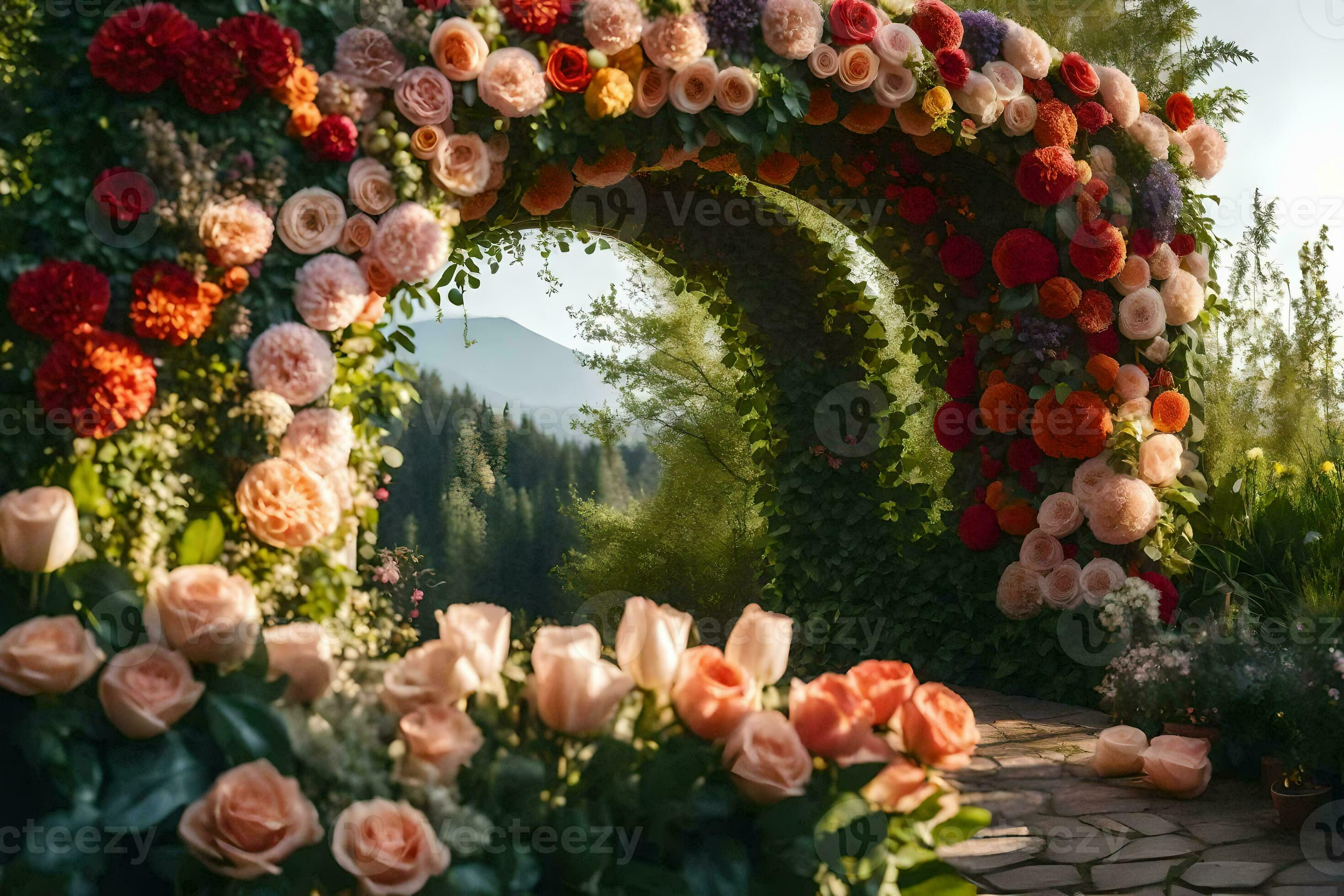 a flower archway is surrounded by flowers. AIGenerated 30131330 Stock Photo at Vecteezy