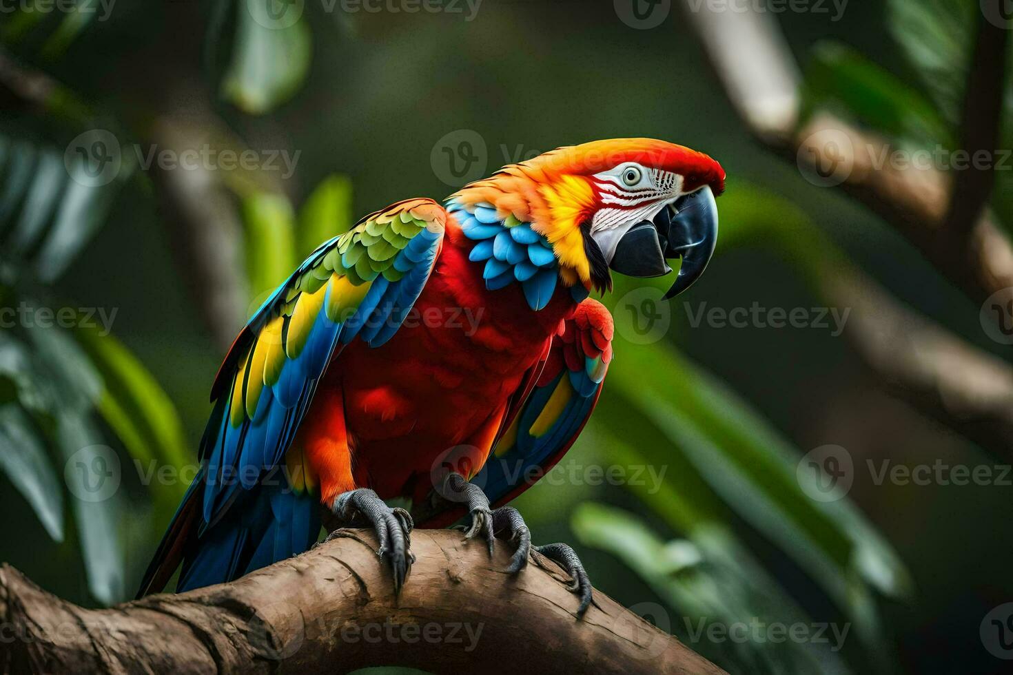 a colorful parrot sits on a branch. AI-Generated photo