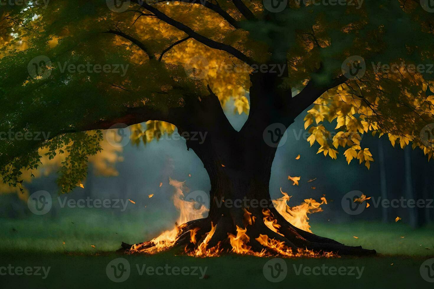 a tree with flames coming out of it in the middle of the night. AI-Generated photo