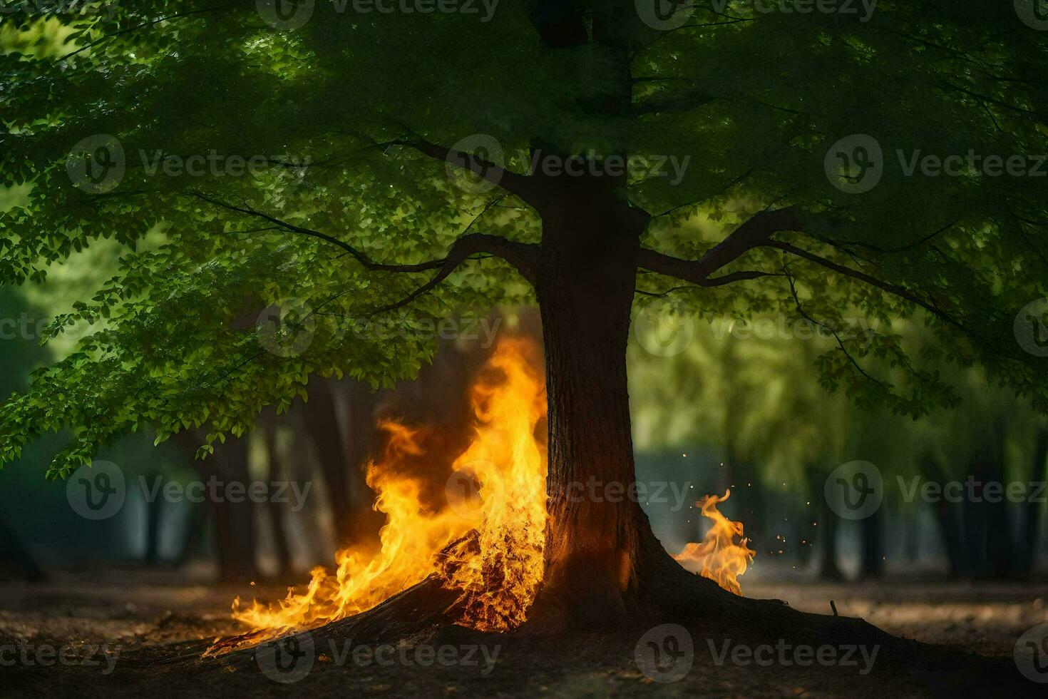 a tree with flames coming out of it in the middle of the forest. AI-Generated photo