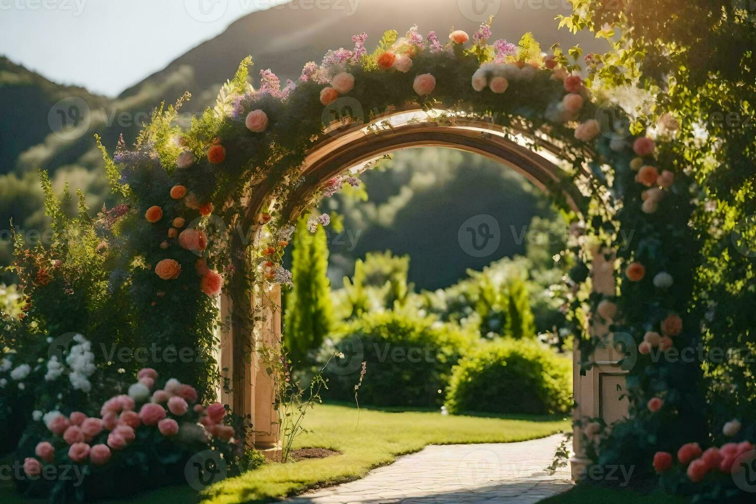 an archway with flowers and greenery in the background. AI-Generated photo