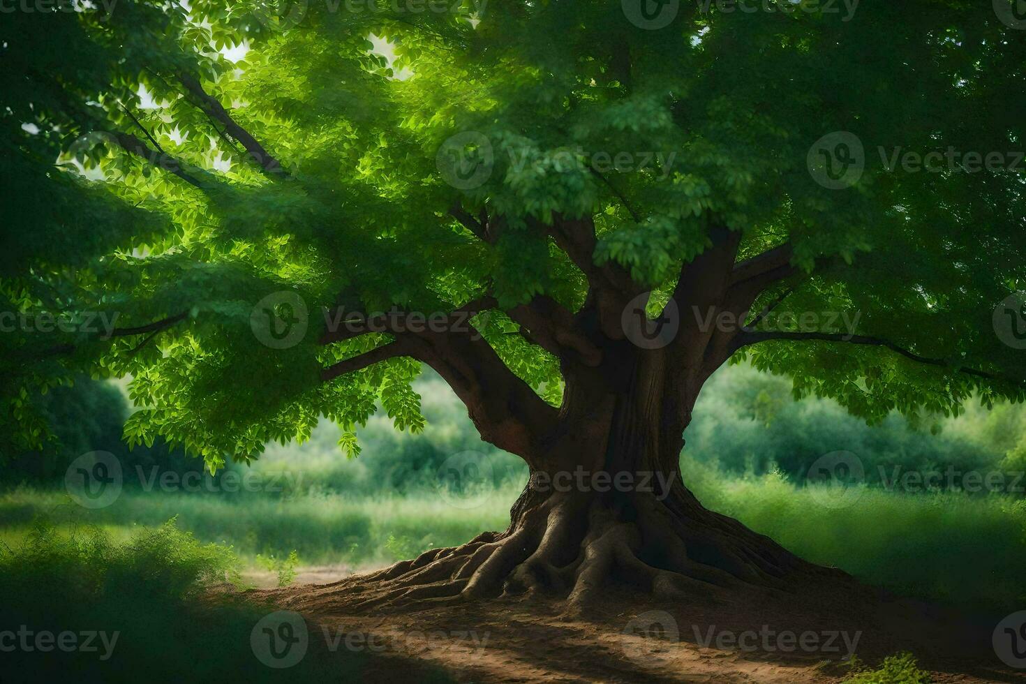 a large tree with roots in the middle of a field. AI-Generated photo