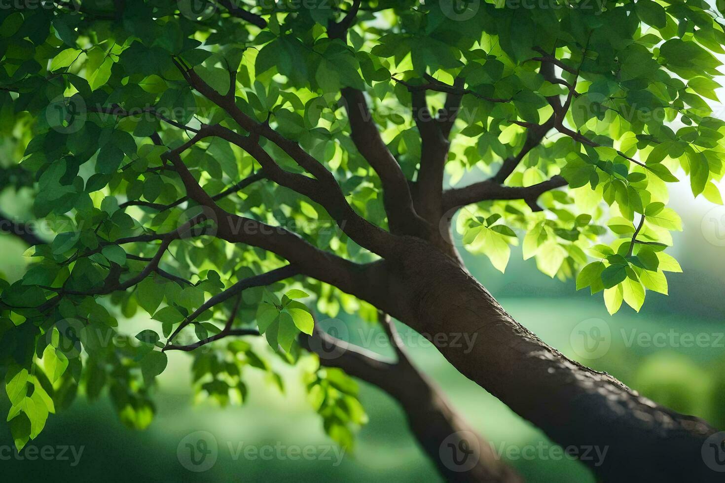 a tree with green leaves in the sunlight. AI-Generated photo
