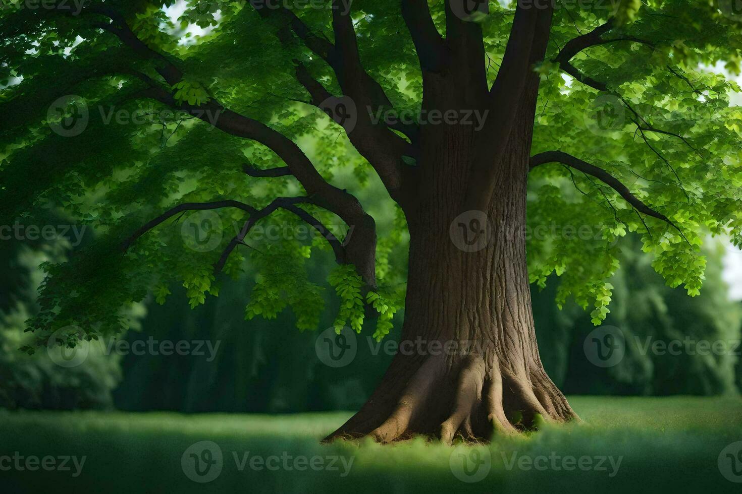 un grande árbol en el medio de un campo. generado por ai foto