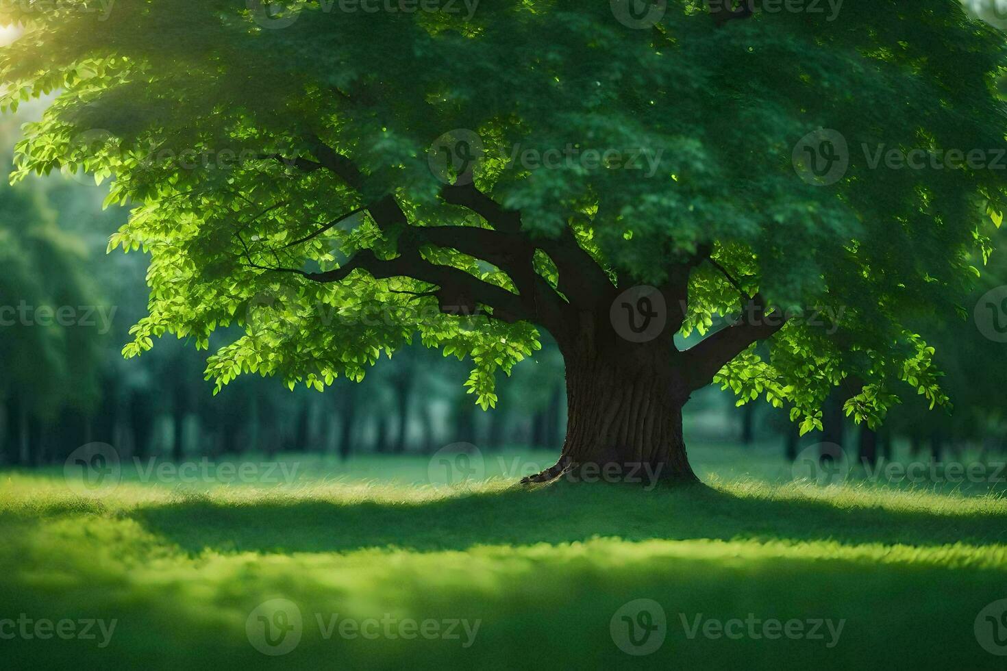 a large tree in the middle of a green field. AI-Generated photo
