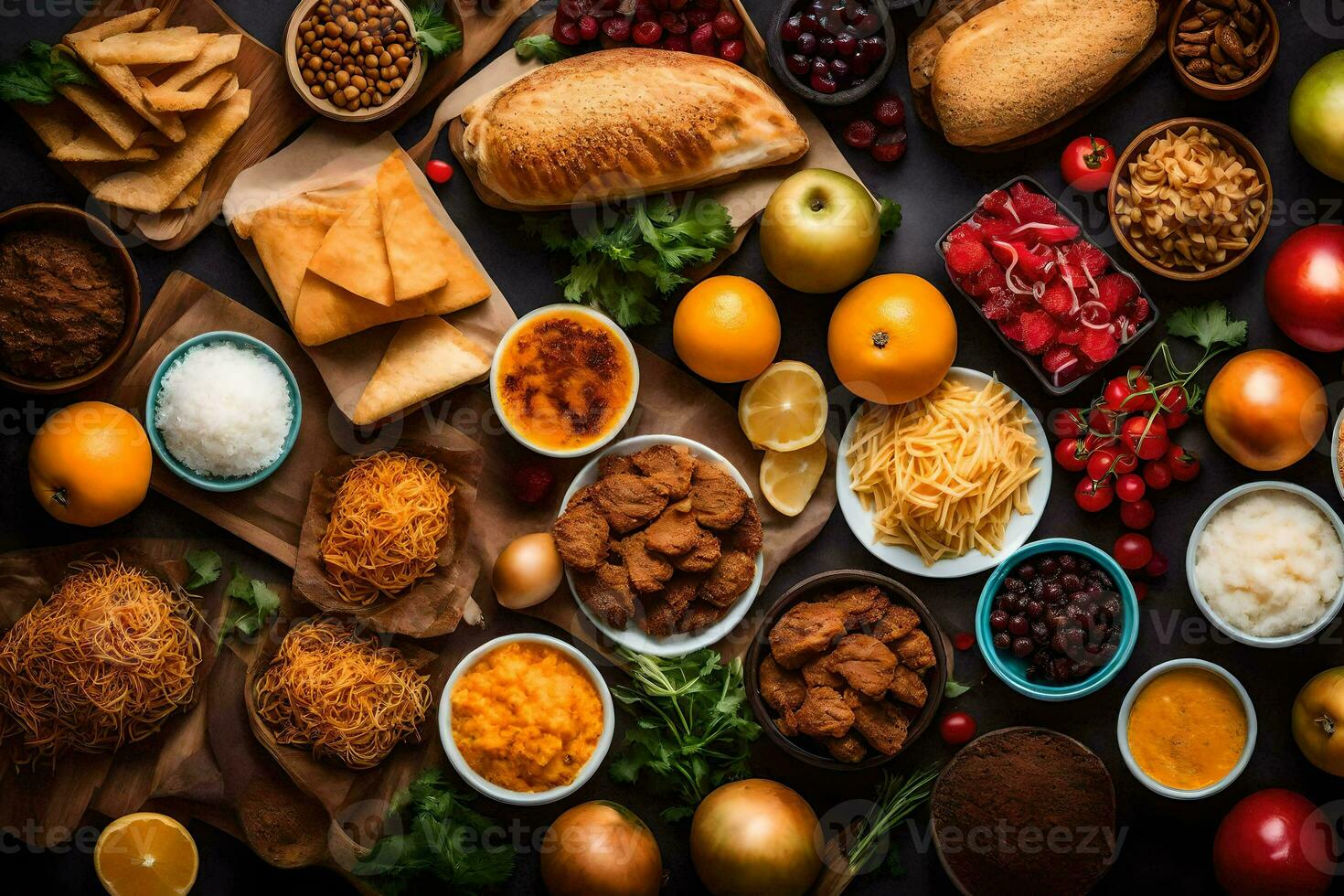 a variety of food is arranged on a table. AI-Generated photo