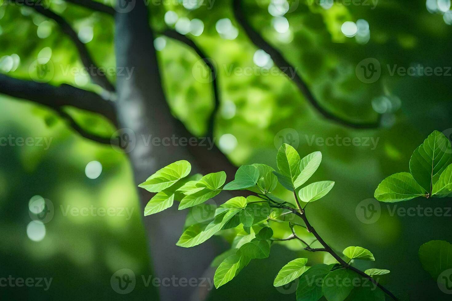 a tree with green leaves and sunlight. AI-Generated photo