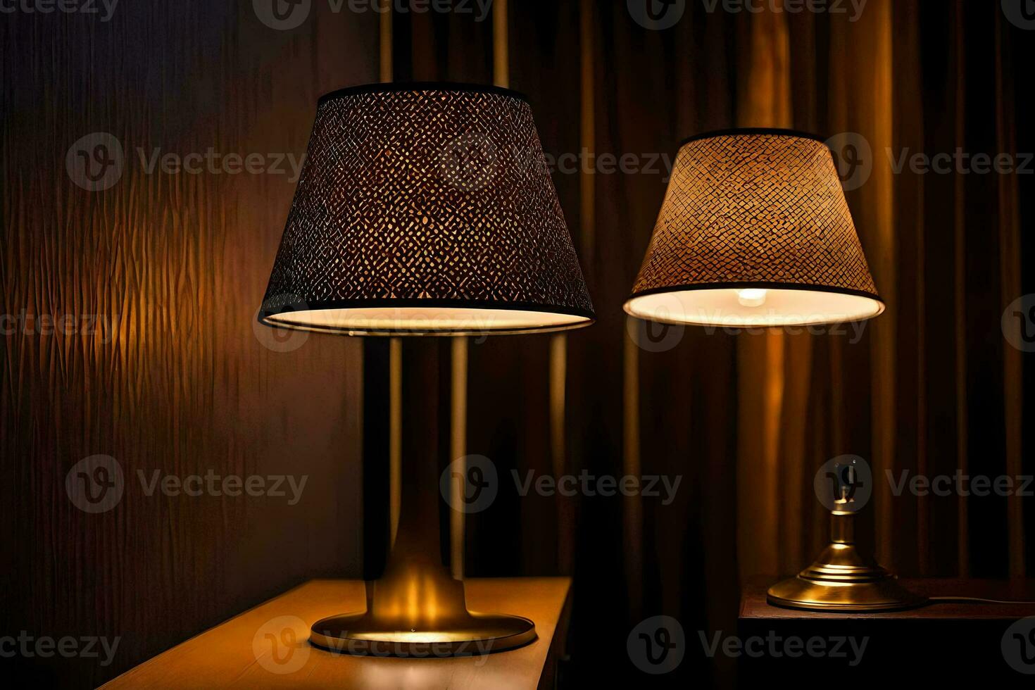 two lamps are on a table in front of a curtain. AI-Generated photo