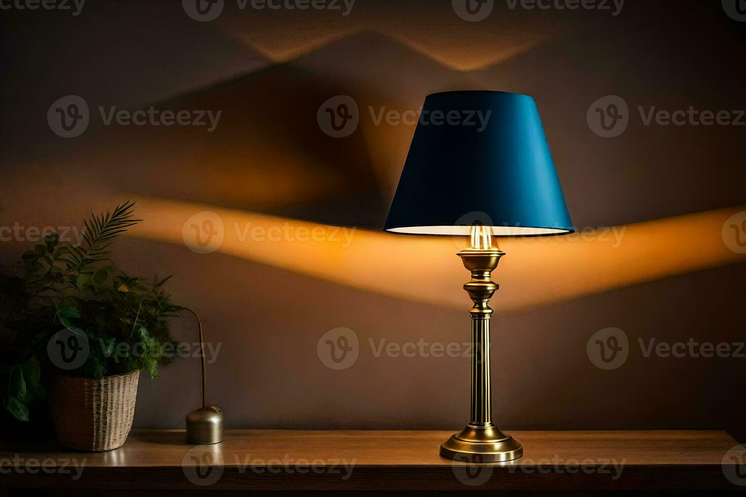 a blue lamp on a table with a plant. AI-Generated photo