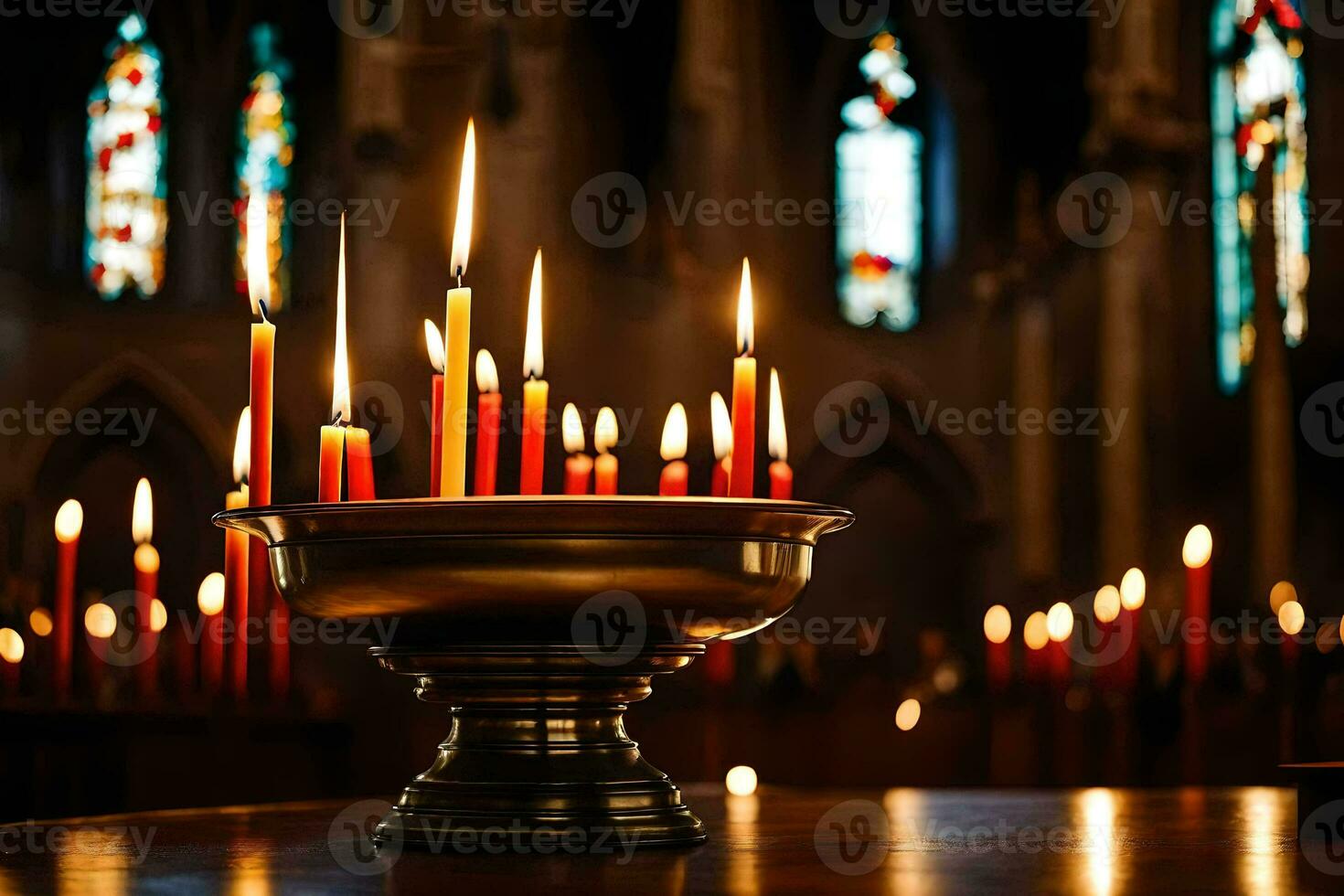a large bowl with candles in front of a church. AI-Generated photo