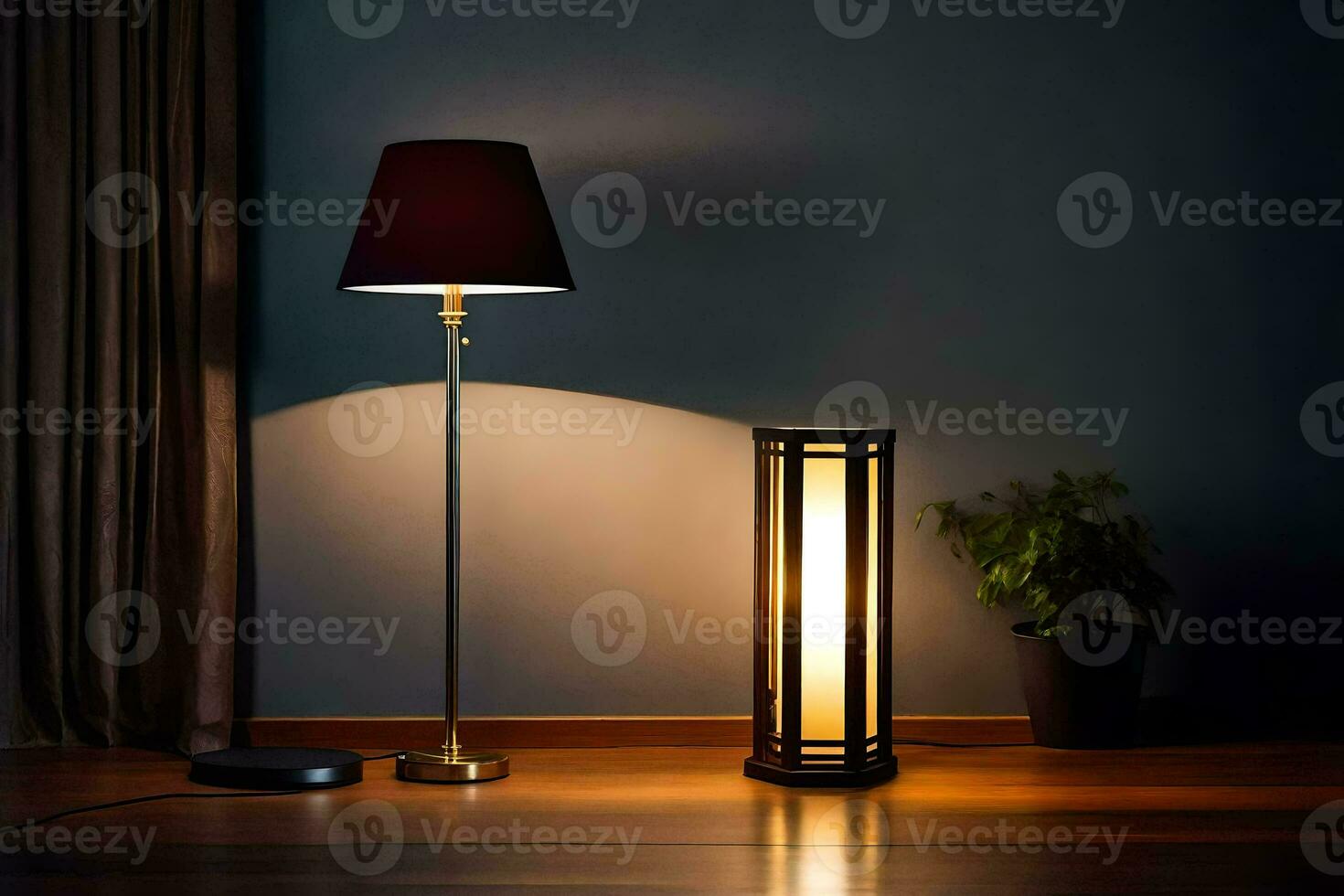 a lamp and a floor lamp on a wooden floor. AI-Generated photo