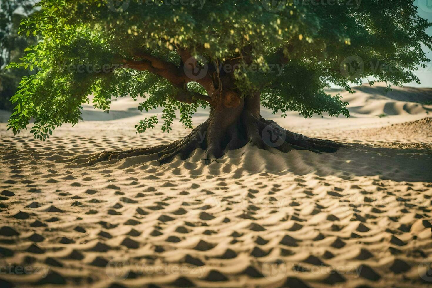 a tree in the desert with sand dunes. AI-Generated photo