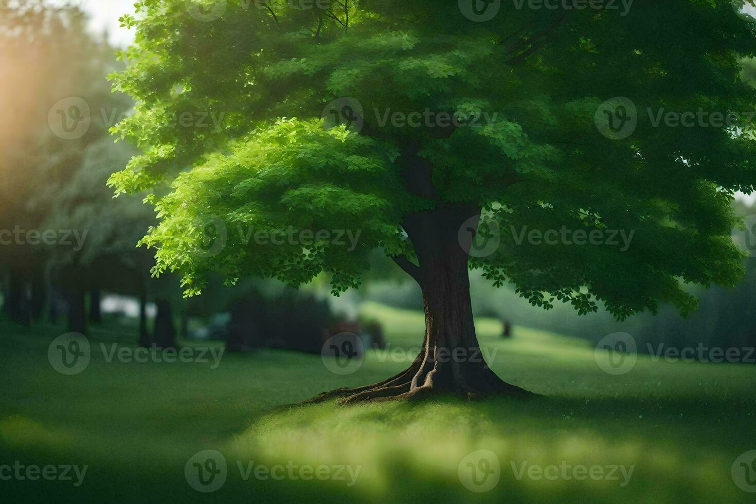 a tree in the middle of a field. AI-Generated photo