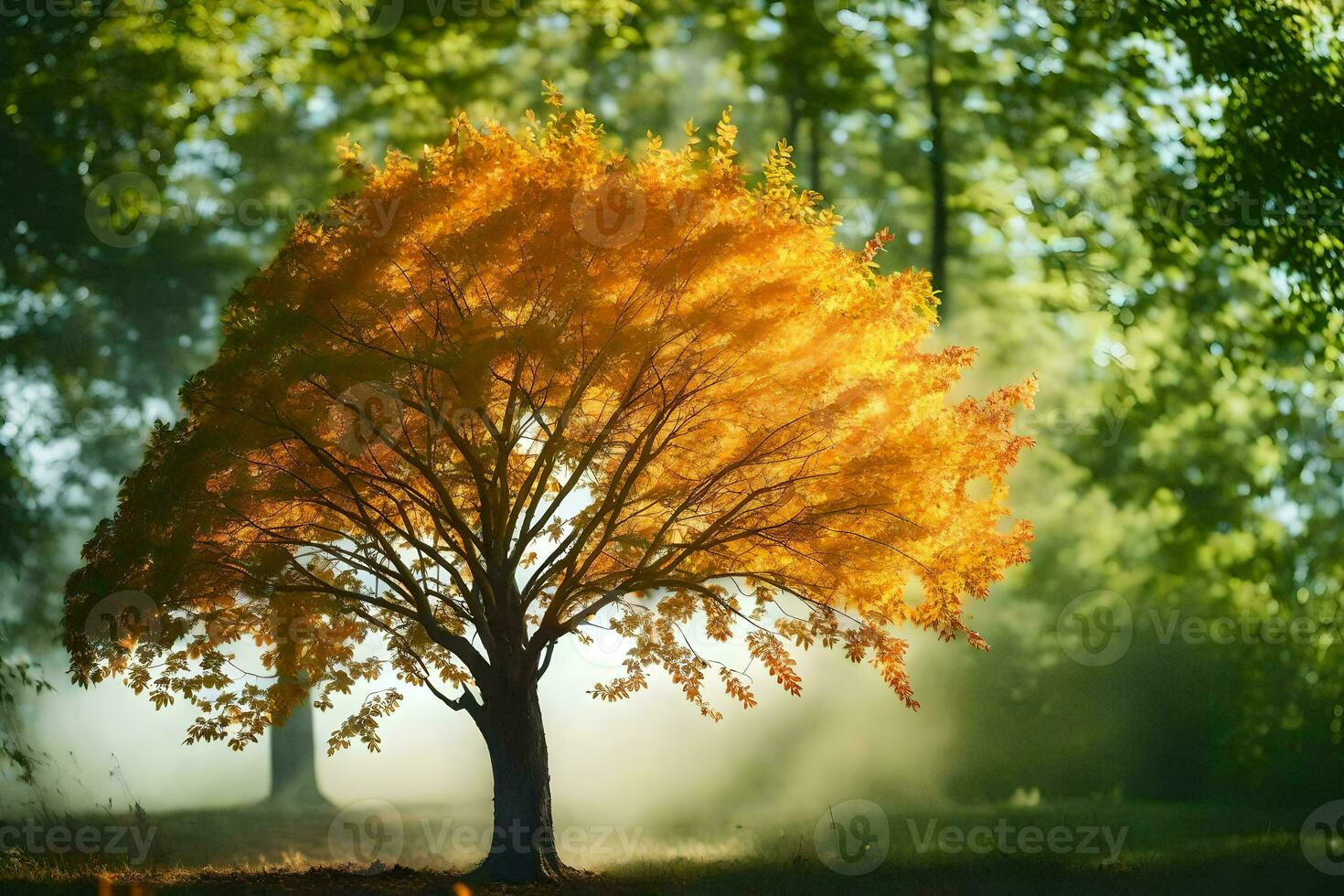 a single tree in the middle of a forest. AI-Generated photo