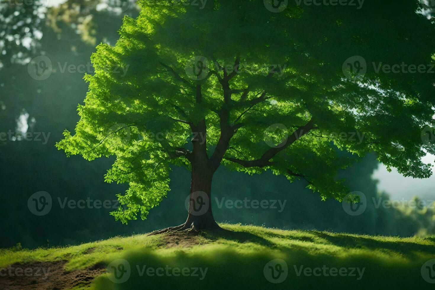 a tree is standing on a hill in the middle of a field. AI-Generated photo