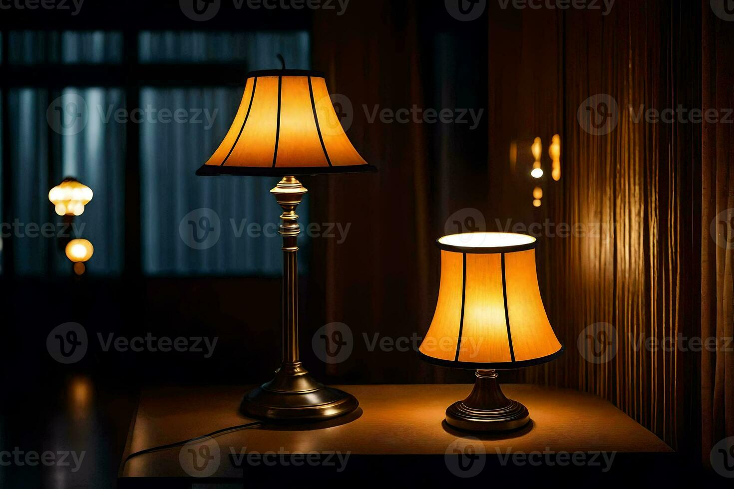 two lamps sit on a table in a dark room. AI-Generated photo