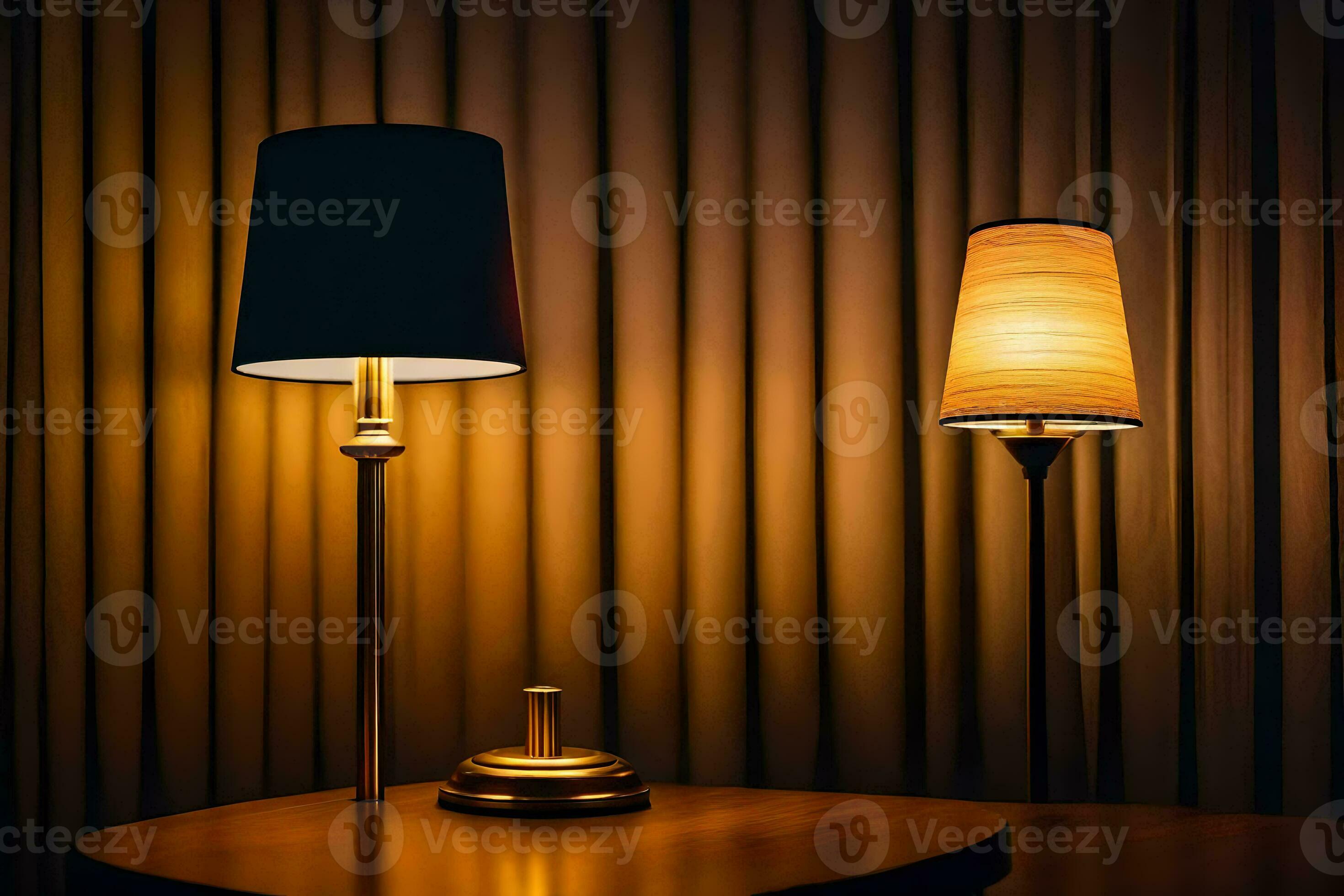 two lamps sit on a table in front of a curtain. AIGenerated 30131552 Stock Photo at Vecteezy