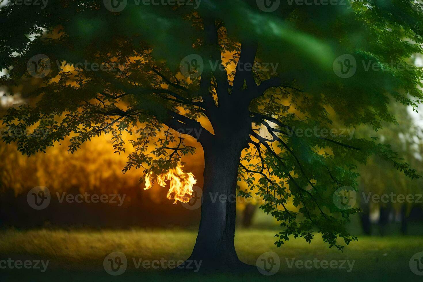 a tree with a fire burning in the middle of it. AI-Generated photo
