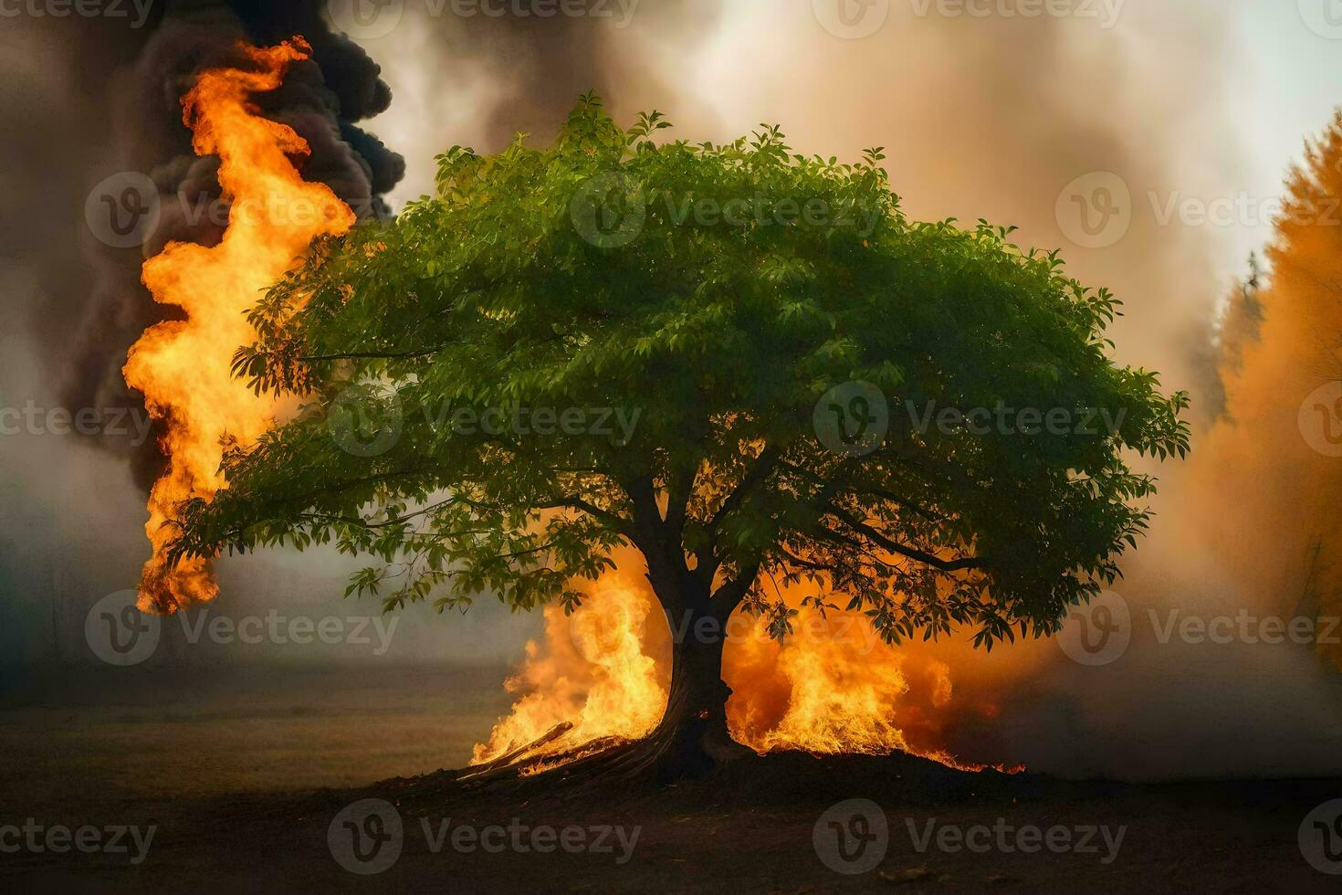 a tree is burning in the middle of a field. AI-Generated photo