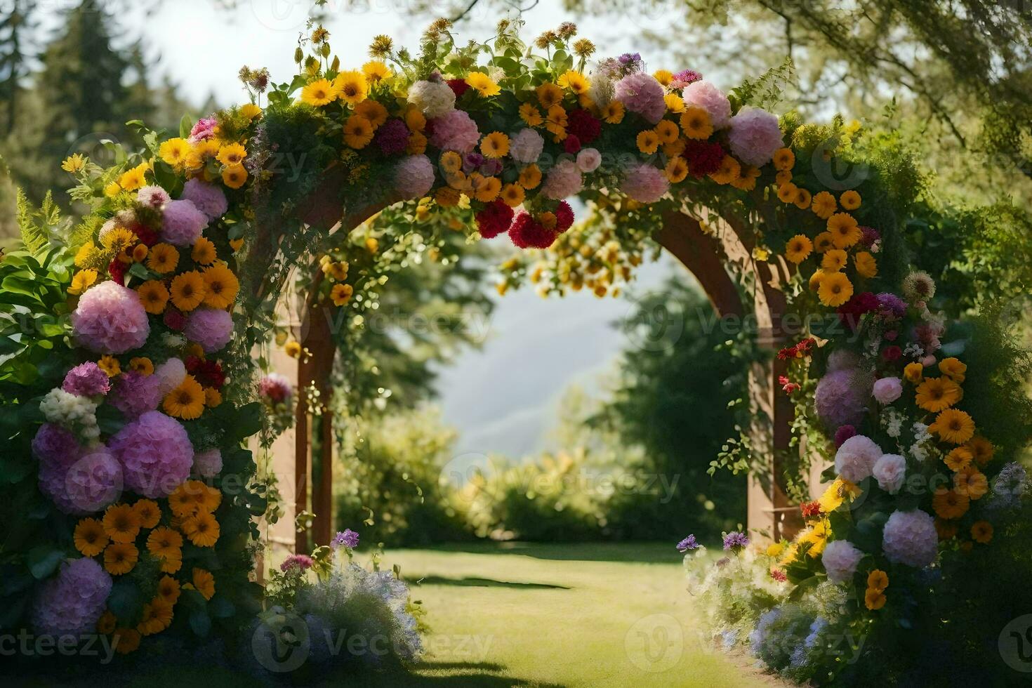 an archway with flowers and greenery. AI-Generated photo