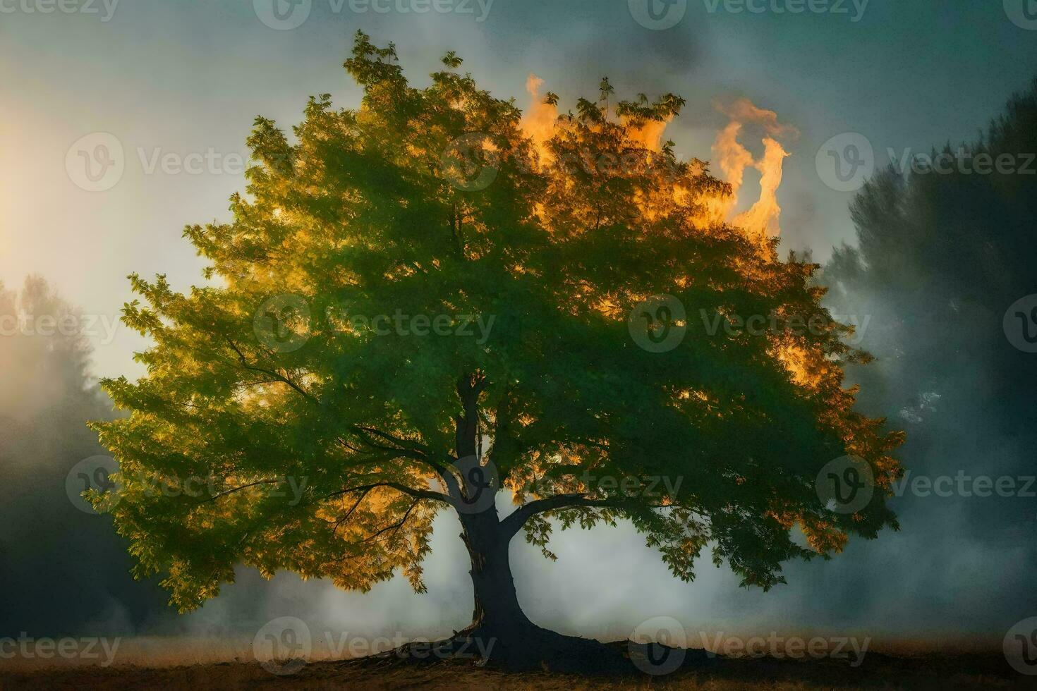 a tree with flames coming out of it. AI-Generated photo