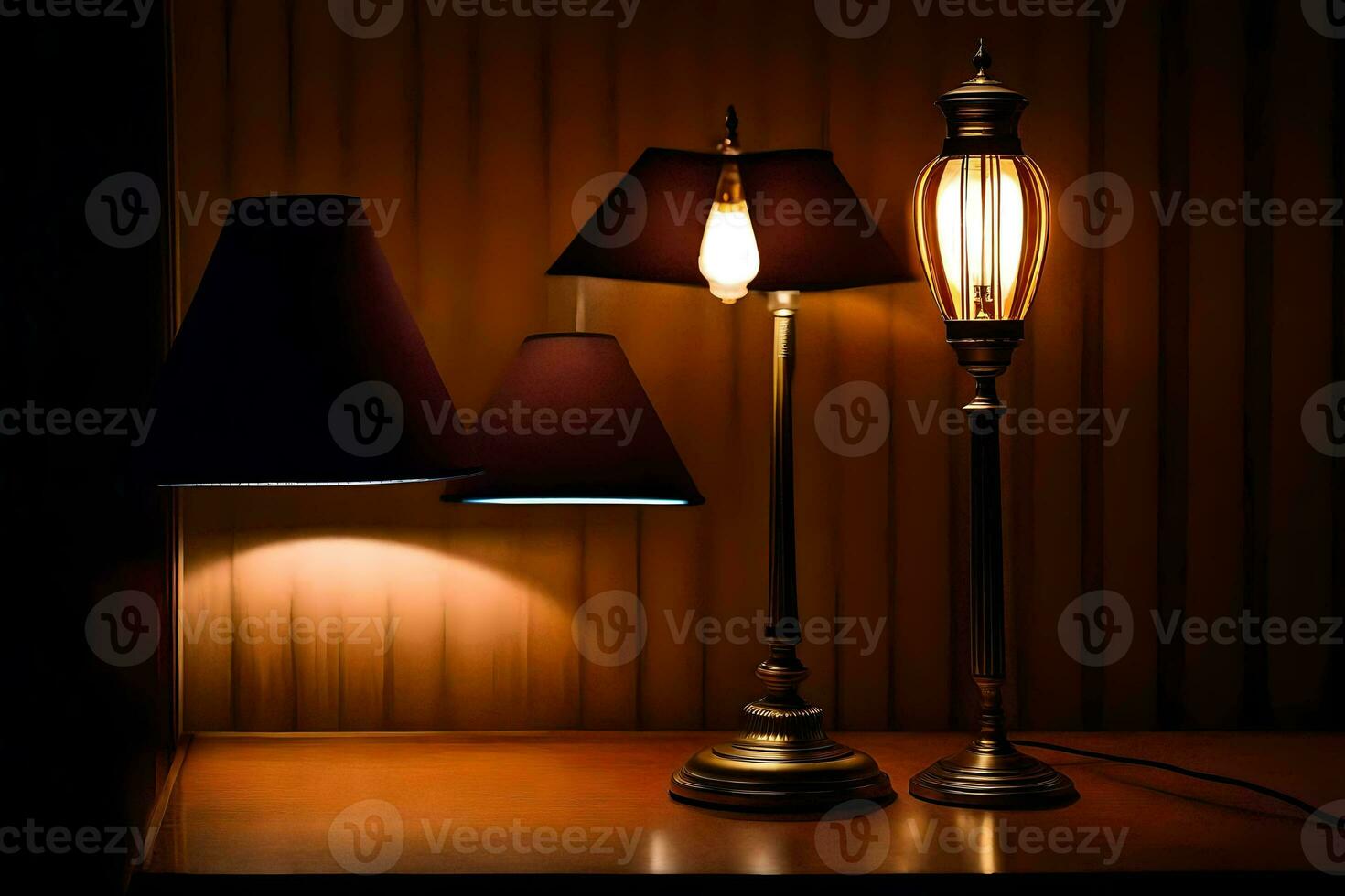 Tres lamparas en un mesa en frente de un pared. generado por ai foto