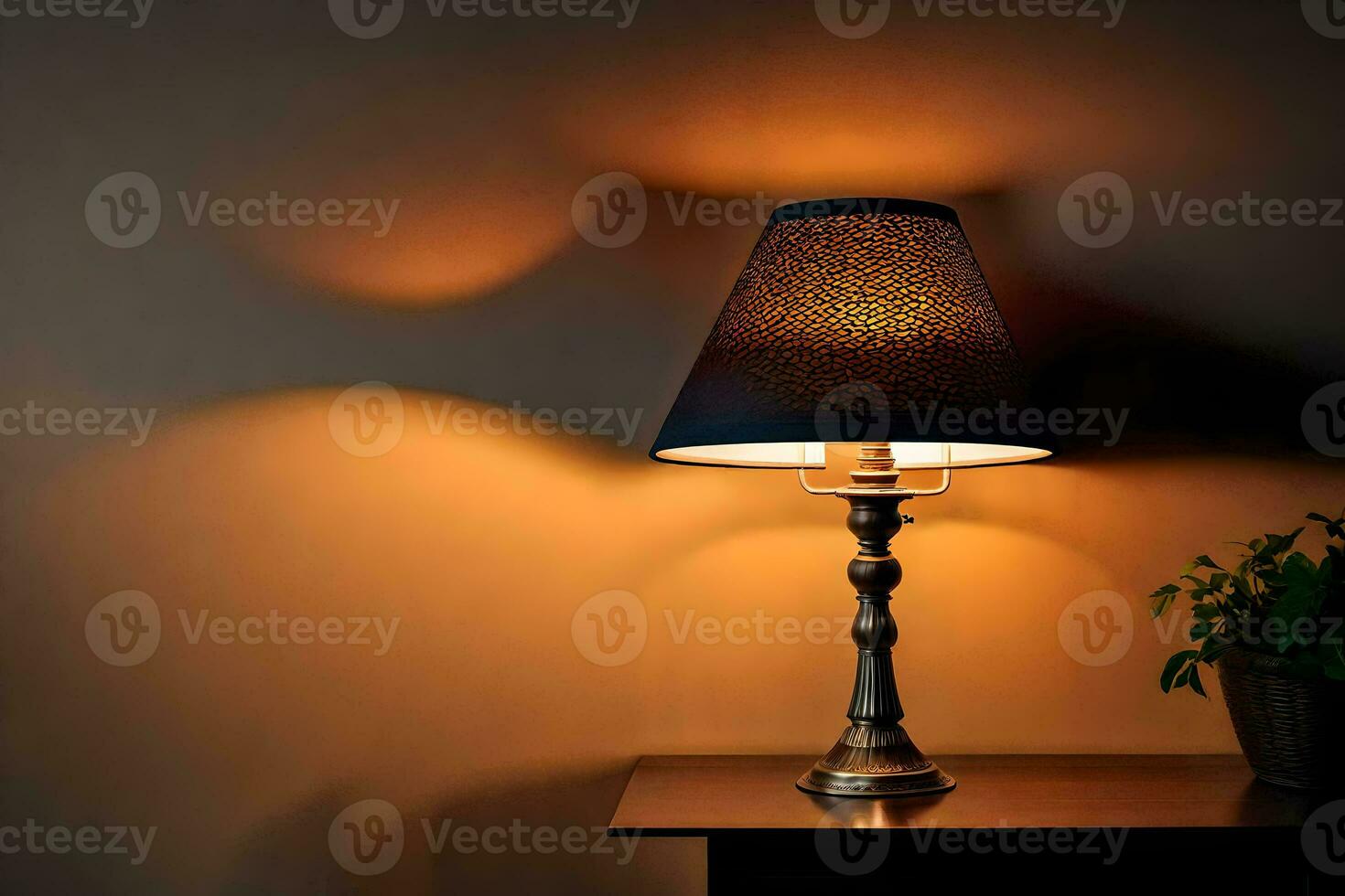 a lamp on a table in front of a wall. AI-Generated photo