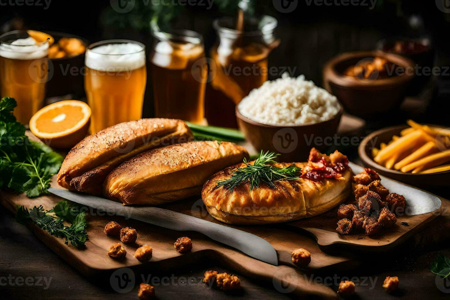 food and drinks on a wooden table. AI-Generated photo