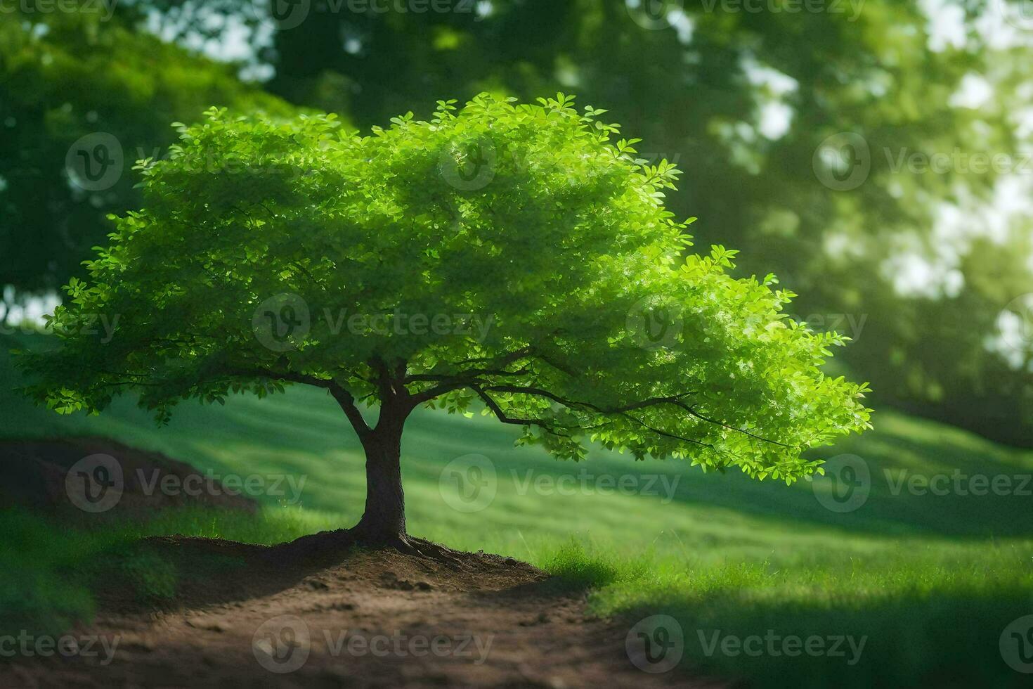 a tree is standing on a dirt path in the middle of a field. AI-Generated photo