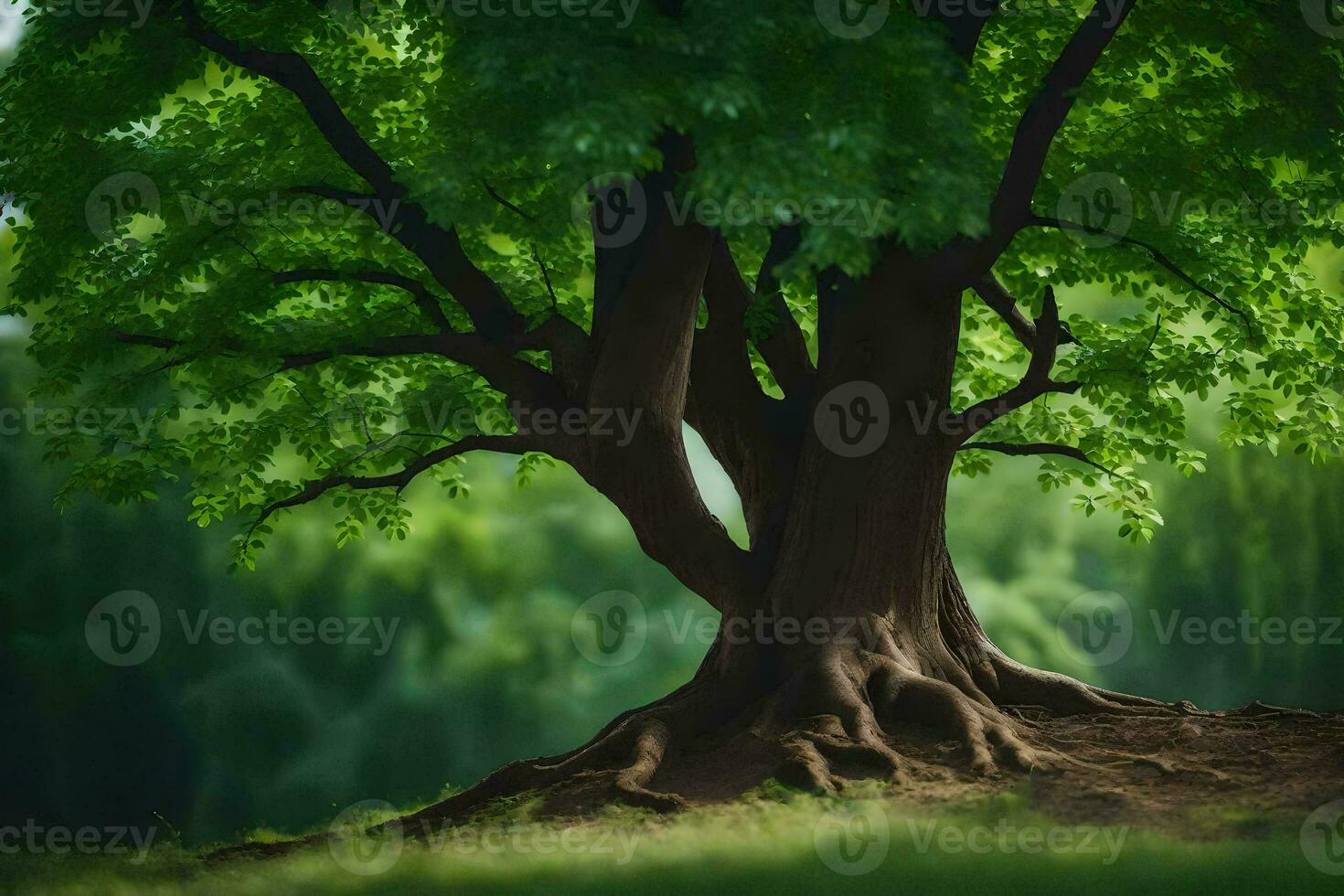 a tree with roots on the ground in front of a green field. AI-Generated photo