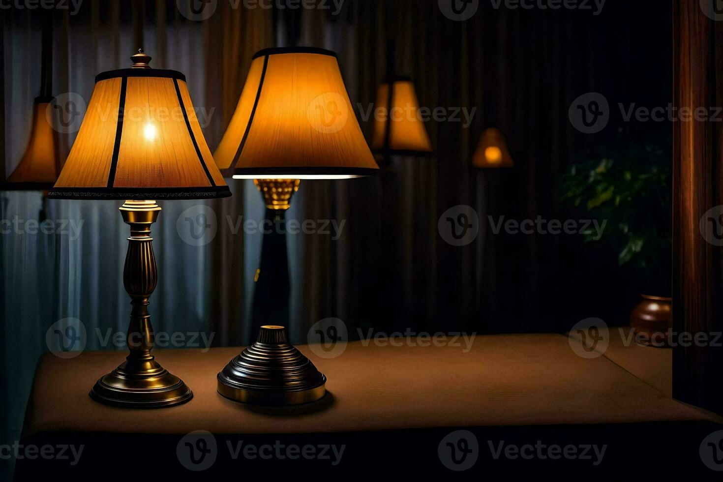two lamps are sitting on a table in front of a curtain. AI-Generated photo