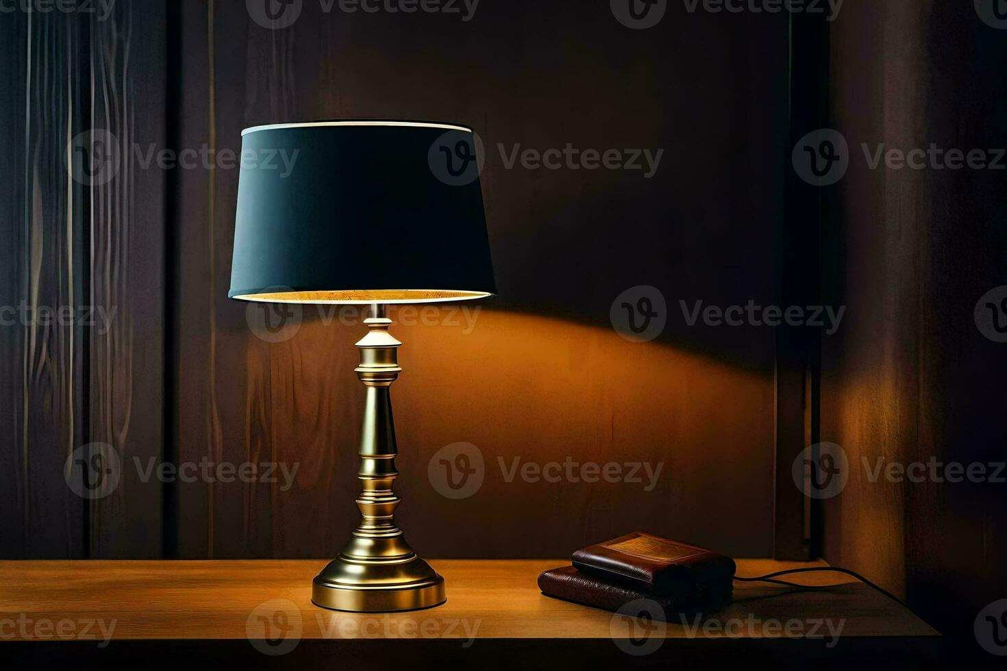 a lamp on a table in a dark room. AI-Generated photo