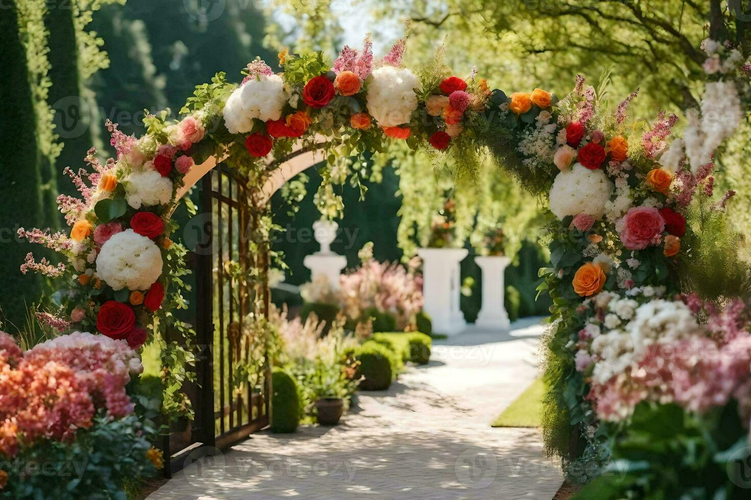 a beautiful archway with flowers and greenery. AI-Generated photo