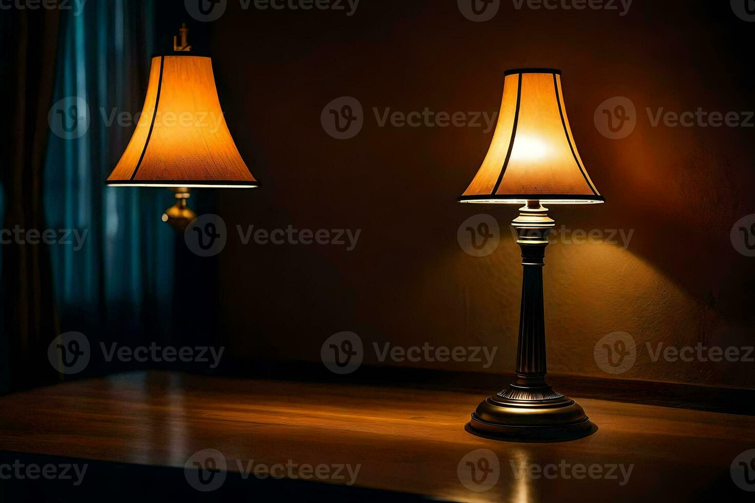 two lamps on a table in the dark. AI-Generated photo