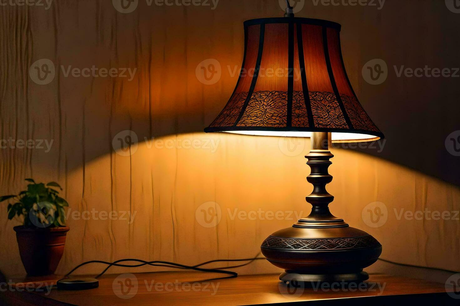 a lamp on a table with a plant. AI-Generated photo