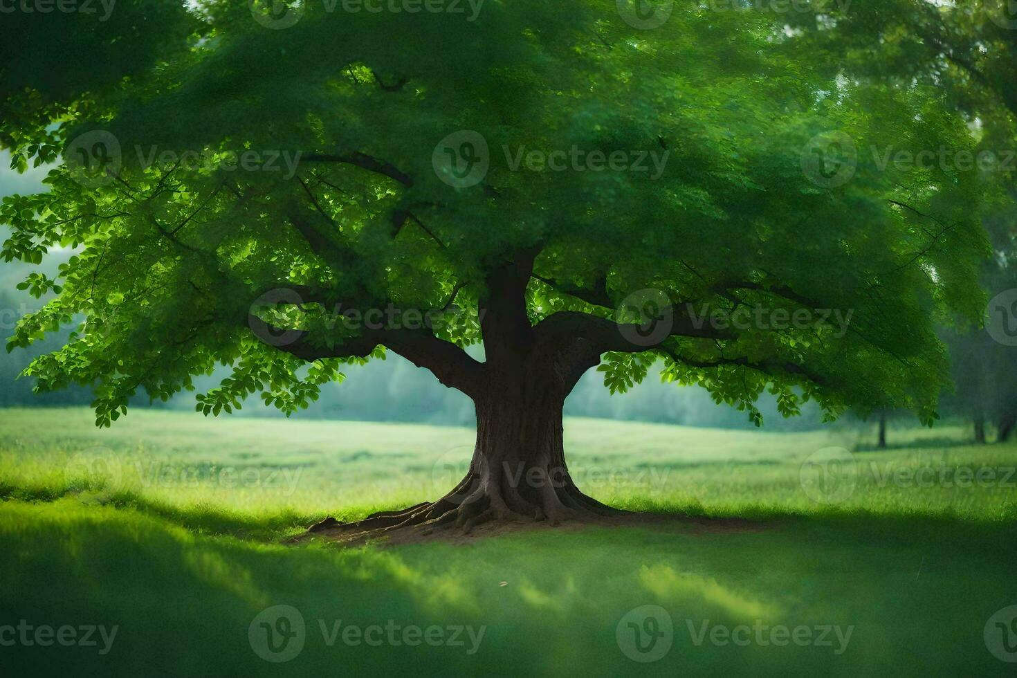 a large tree in the middle of a green field. AI-Generated photo