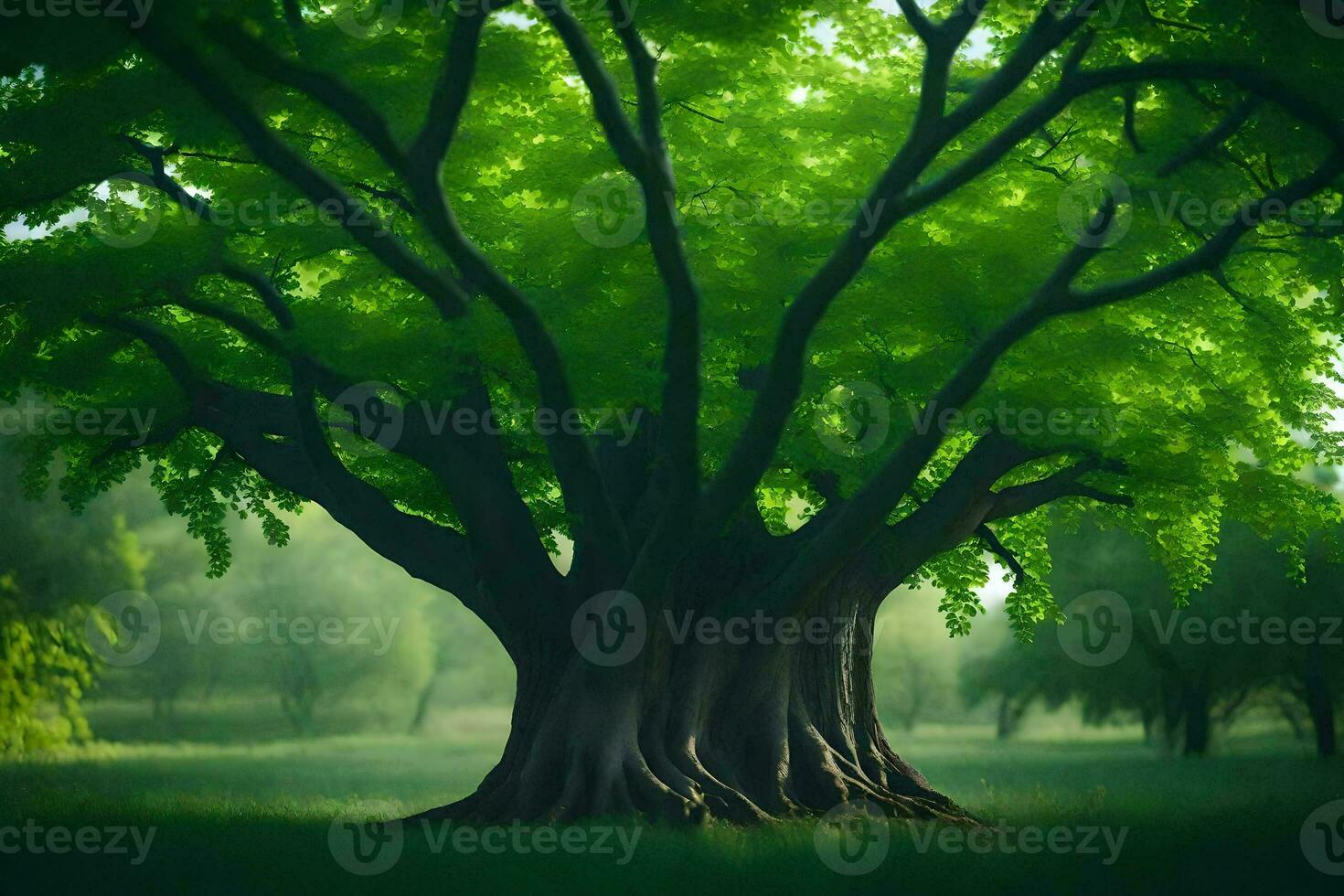 a large tree in the middle of a green field. AI-Generated photo