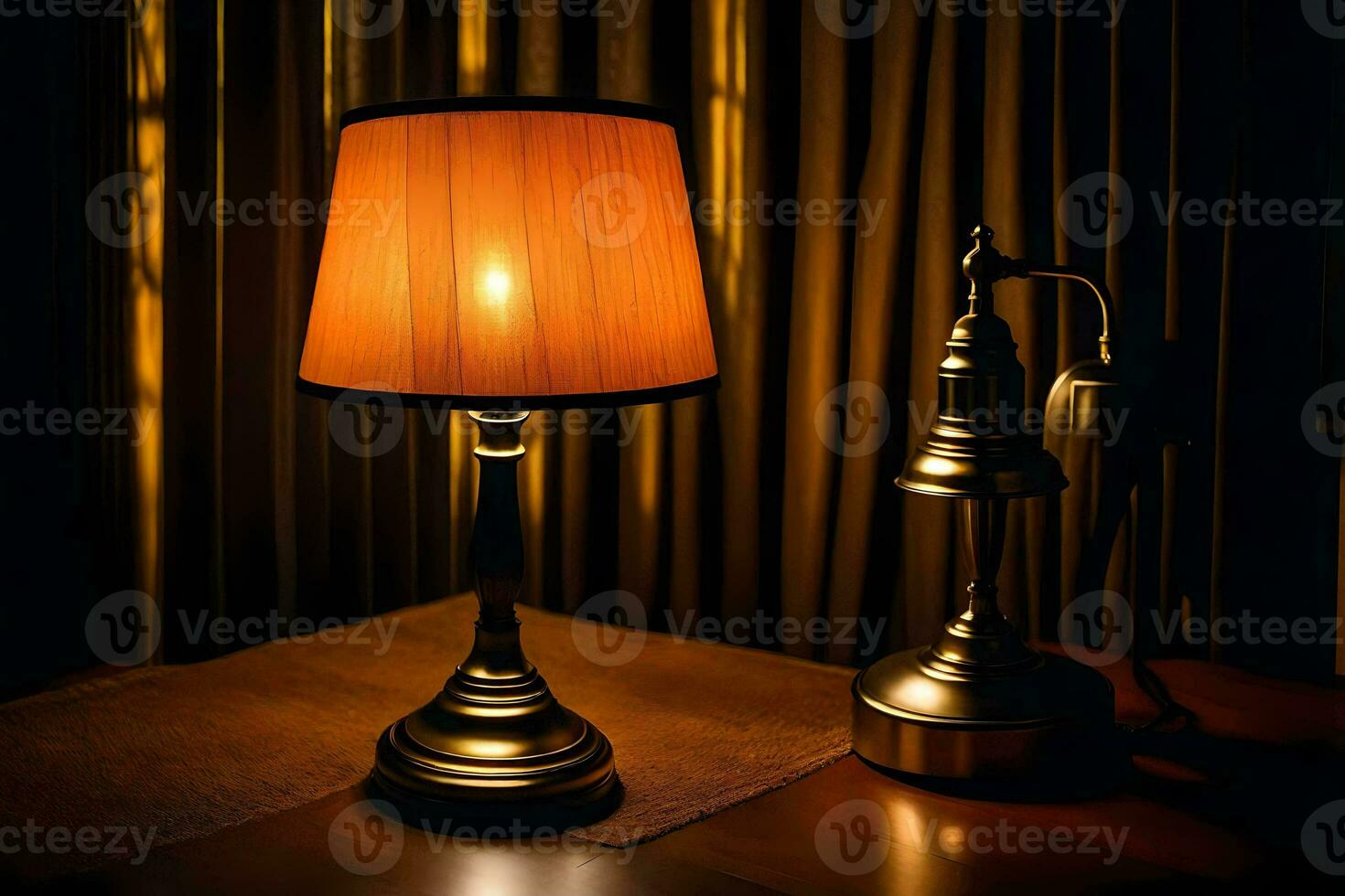 a lamp and a phone on a table. AI-Generated photo