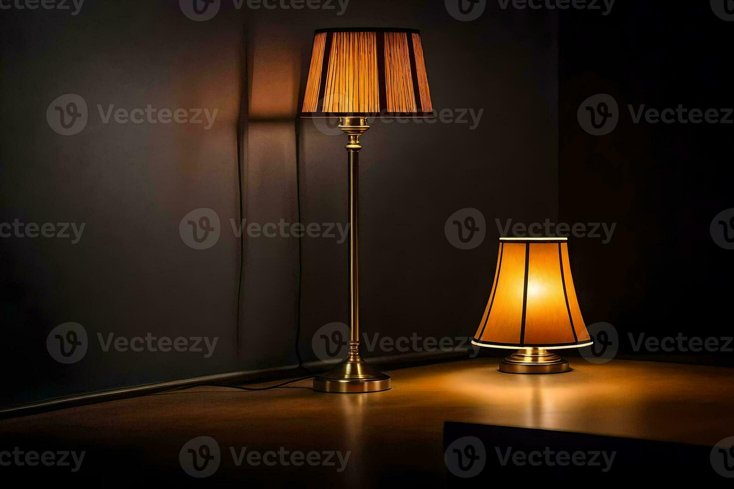 two lamps on a table in front of a dark wall. AI-Generated photo