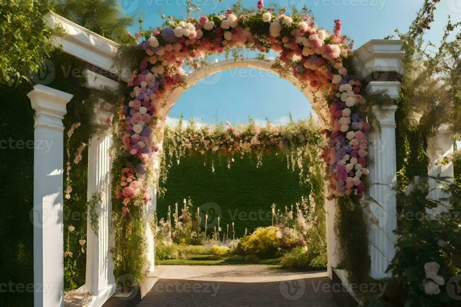 a flower archway is decorated with pink and white flowers. AI-Generated photo