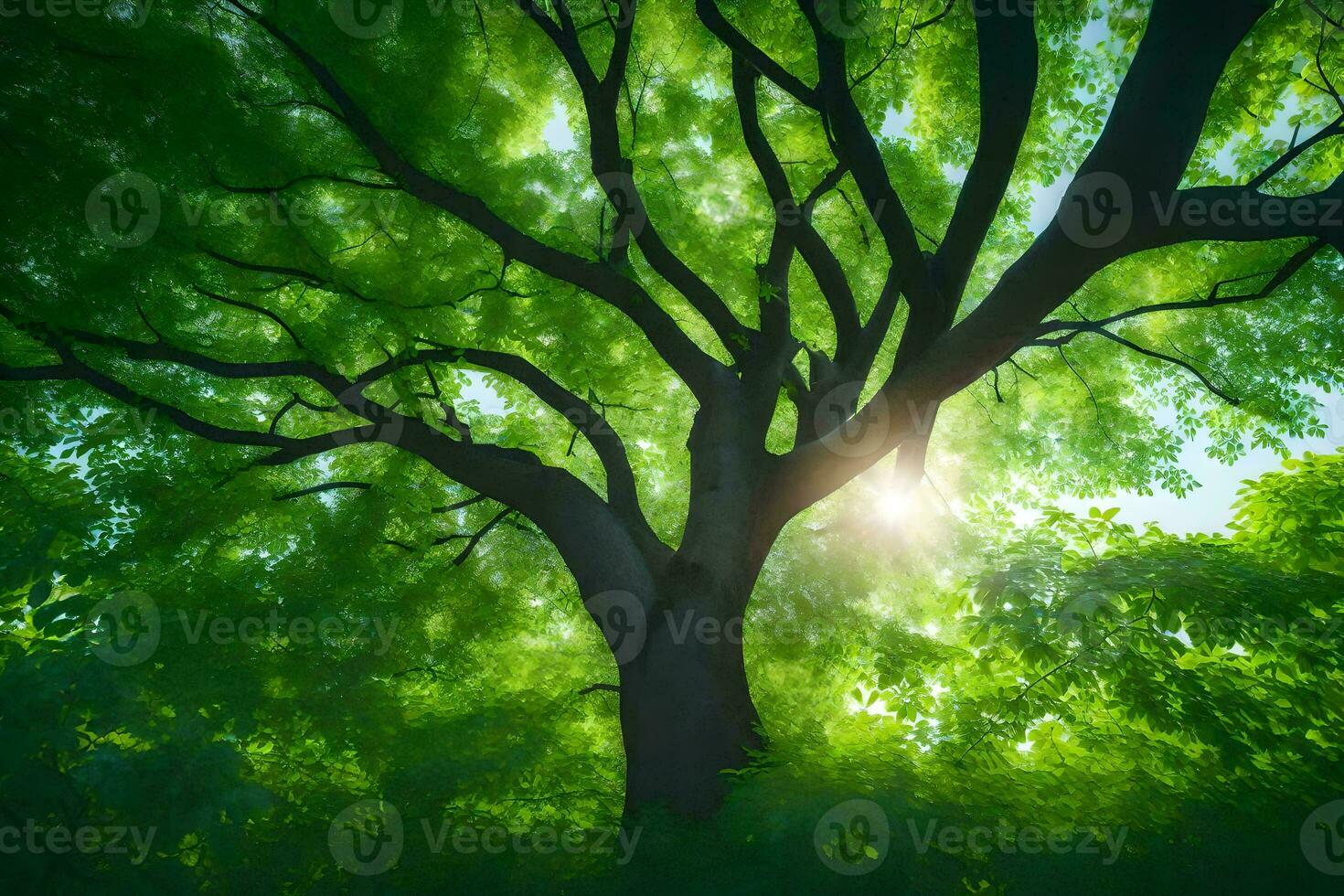 the sun shines through the leaves of a tree. AI-Generated photo