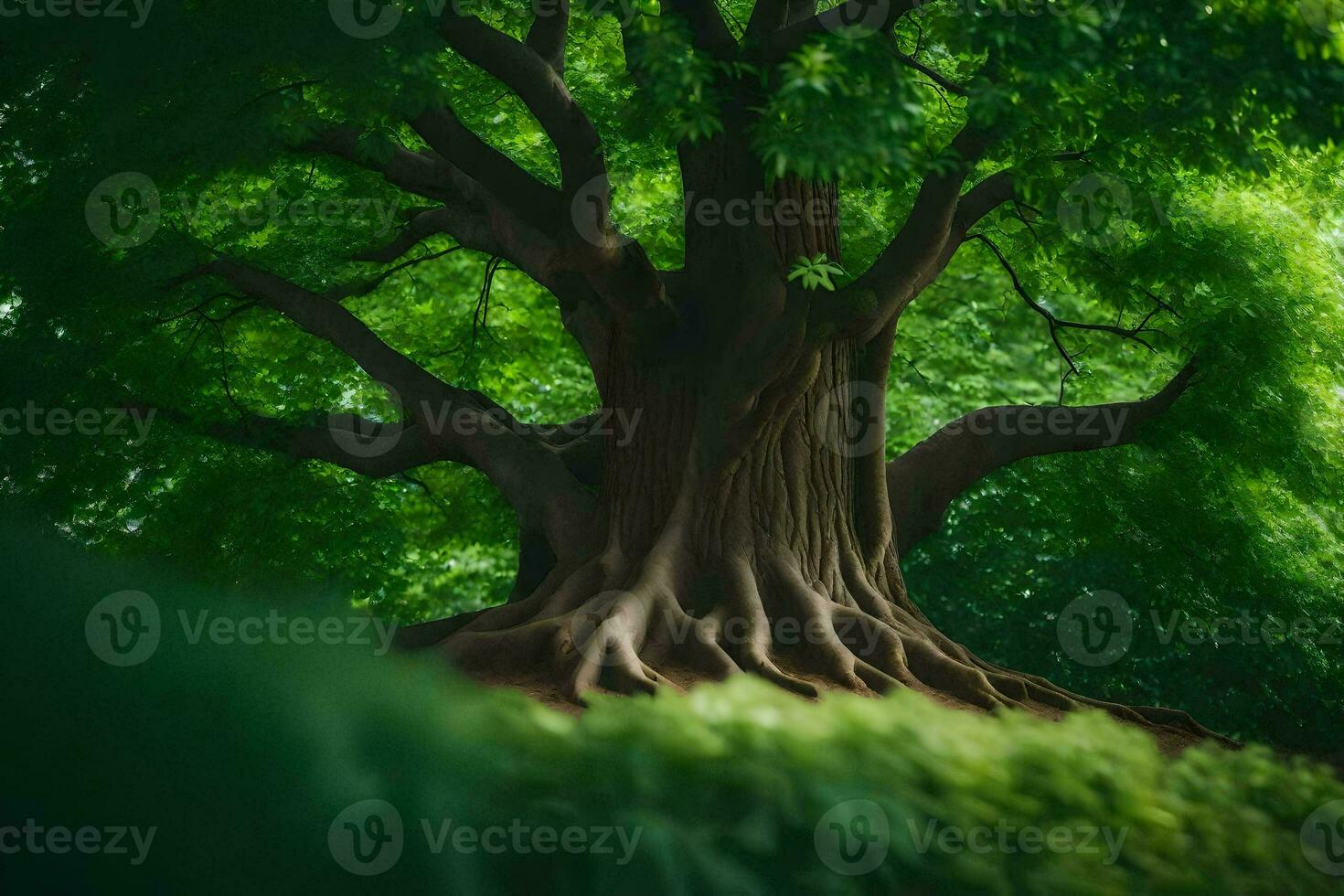 a large tree with green leaves in the middle of a forest. AI-Generated photo
