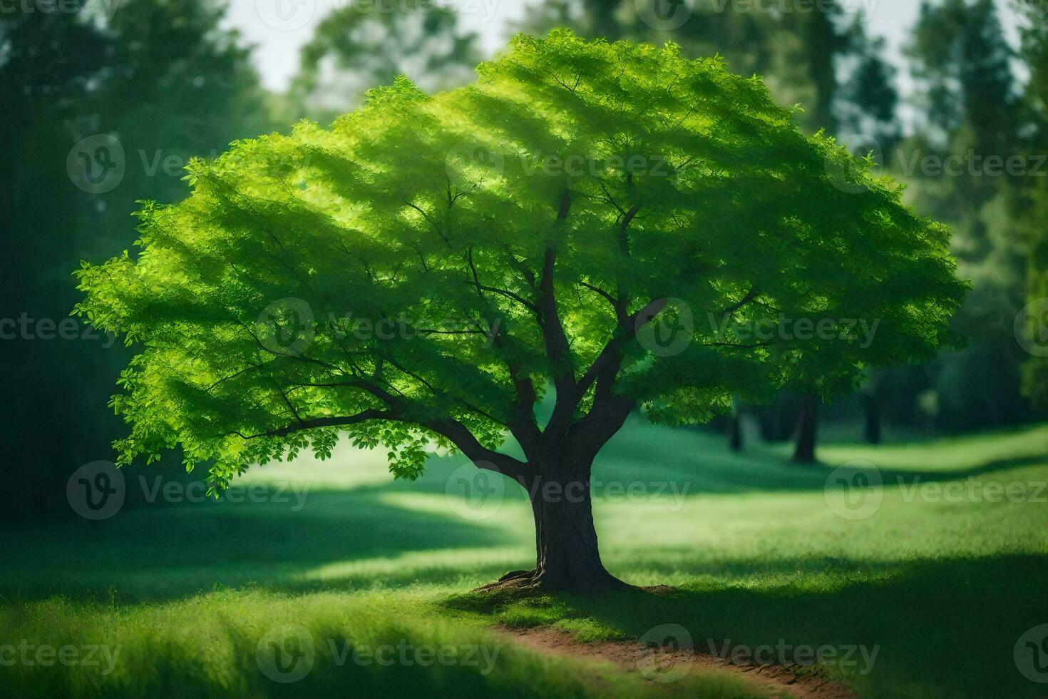a tree in the middle of a green field. AI-Generated photo